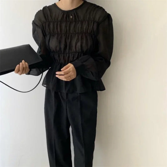 O-Neck Puff Long Sleeve Pleated Blouse