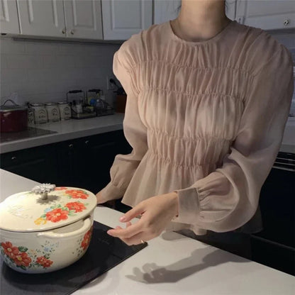 O-Neck Puff Long Sleeve Pleated Blouse