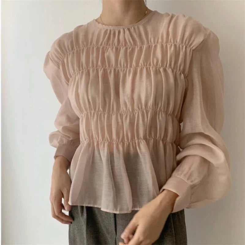 O-Neck Puff Long Sleeve Pleated Blouse
