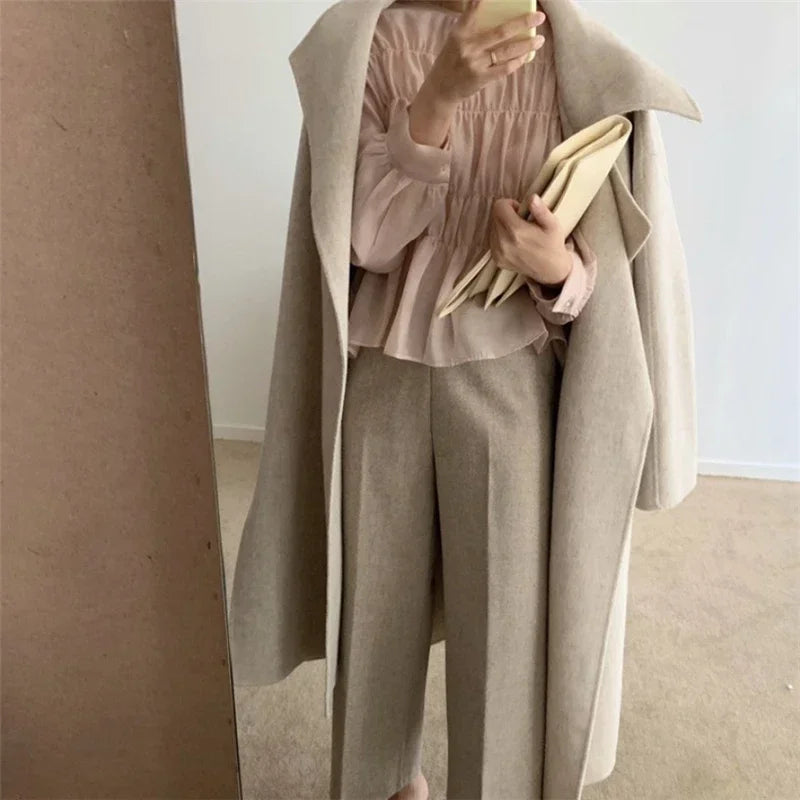 O-Neck Puff Long Sleeve Pleated Blouse