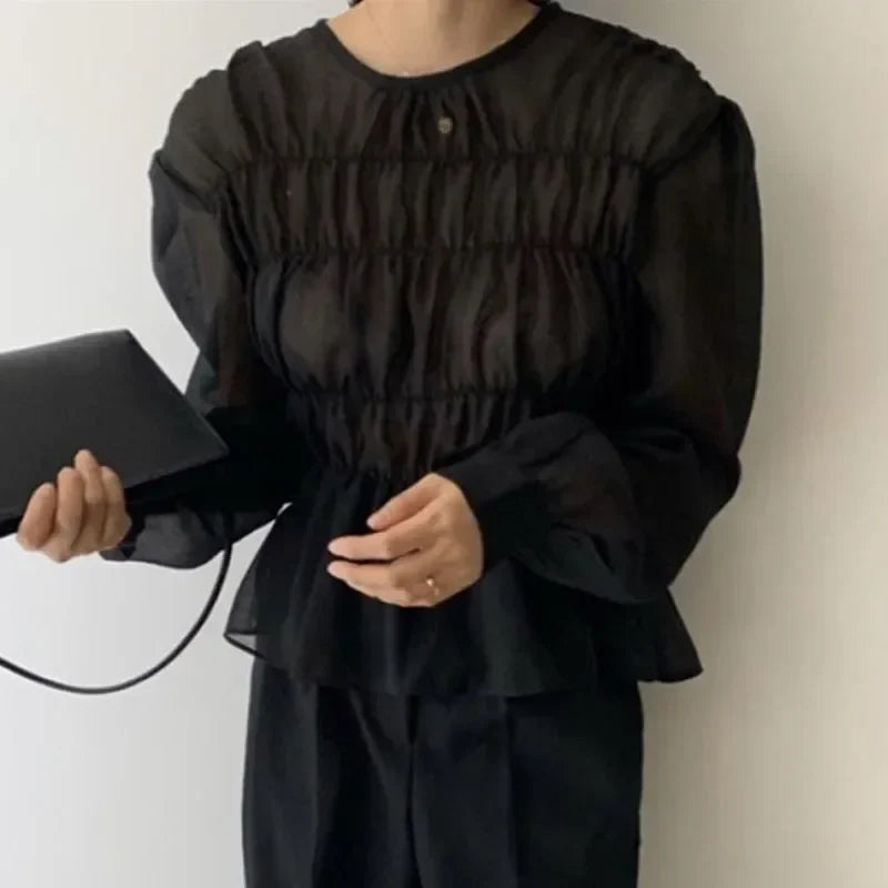 O-Neck Puff Long Sleeve Pleated Blouse