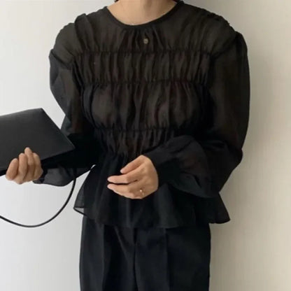 O-Neck Puff Long Sleeve Pleated Blouse