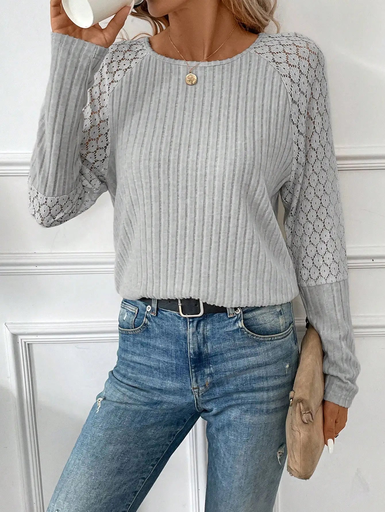 Solid Color Design Sense Knitted Long Sleeve Top Women