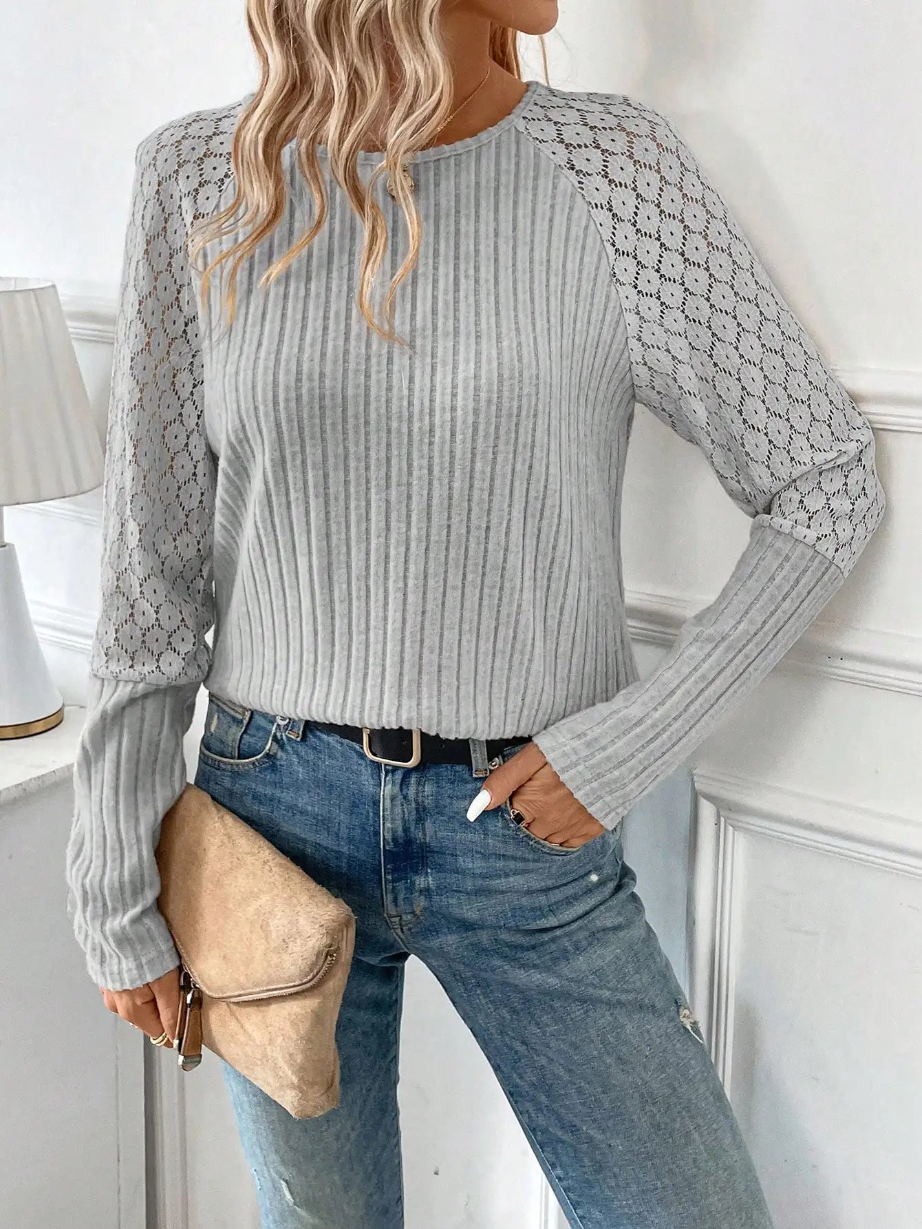 Solid Color Design Sense Knitted Long Sleeve Top Women