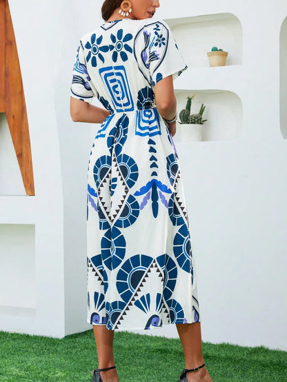 Casual High Waist V-neck Boho Floral Dress