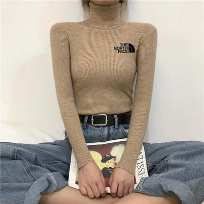 Thick Ribbed Sweater Cotton Turtleneck Knit Pullover Top