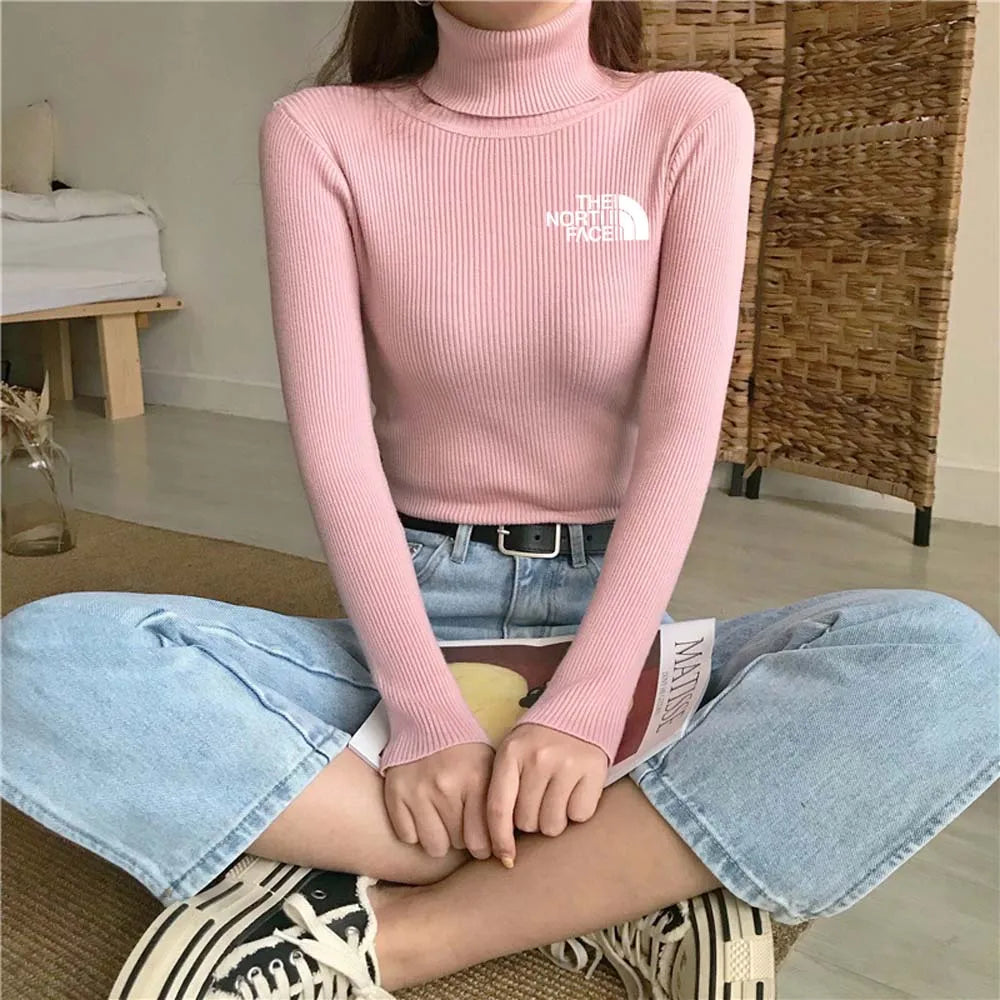 Thick Ribbed Sweater Cotton Turtleneck Knit Pullover Top
