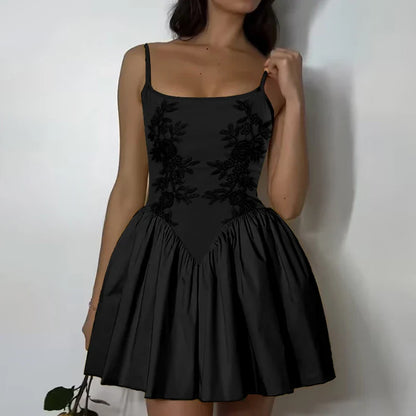 Embroidered Flower High Waist Puffy Floral Dress