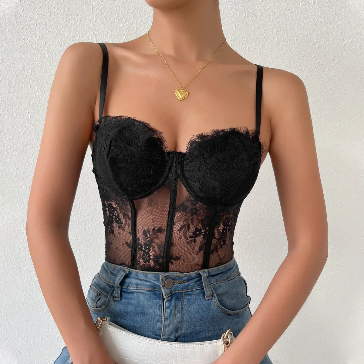 Black Lace Eyelash See-through Fishbone Bustier