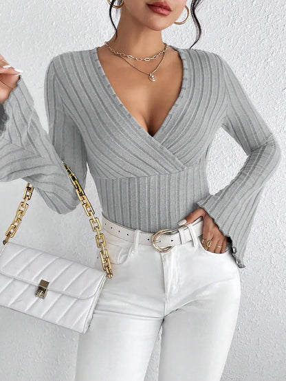 Sexy V-Neck Solid Color Slim Long Sleeve T-shirt Women