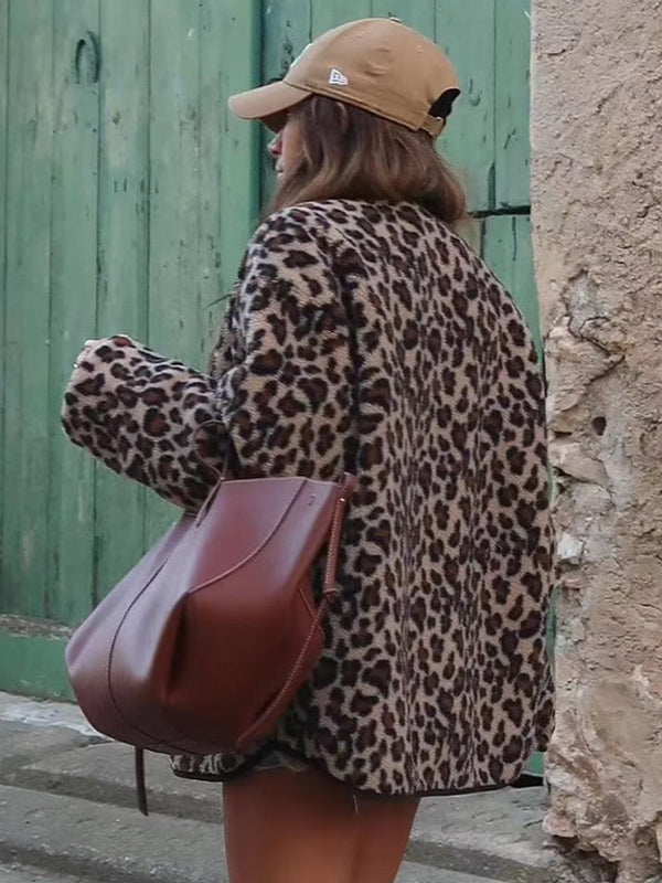 Leopard Jacket Pockets Buttons Casual Fall Spring Jackets For Women