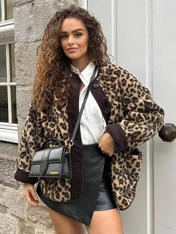 Leopard Jacket Pockets Buttons Casual Fall Spring Jackets For Women