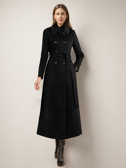 Long Wool Blend Coat For Women Burgundy Double-breasted Belted Turndown Collar Classic Winter Outerwear 2026