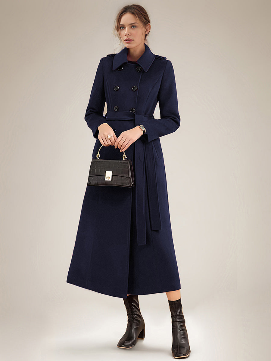 Long Wool Blend Coat For Women Burgundy Double-breasted Belted Turndown Collar Classic Winter Outerwear 2026
