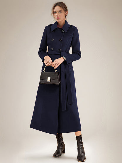 Long Wool Blend Coat For Women Burgundy Double-breasted Belted Turndown Collar Classic Winter Outerwear 2026