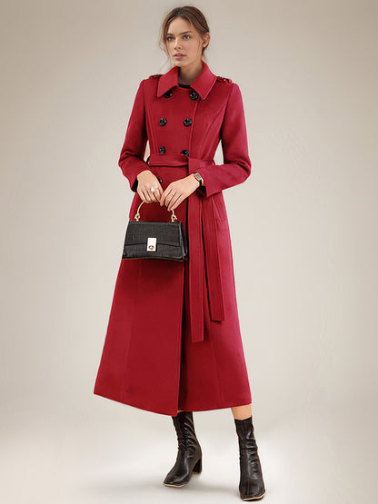 Long Wool Blend Coat For Women Burgundy Double-breasted Belted Turndown Collar Classic Winter Outerwear 2026