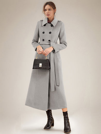 Long Wool Blend Coat For Women Burgundy Double-breasted Belted Turndown Collar Classic Winter Outerwear 2026