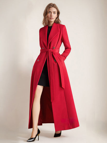 Maxi Woolen Coat For Women Double-breasted Large Lapel Belted A-line Full Length Winter Outerwear 2026