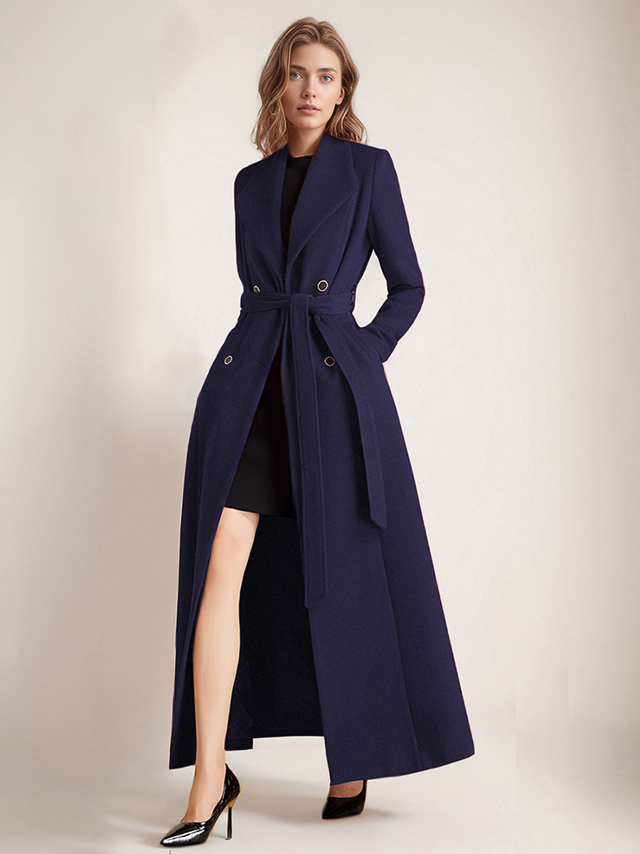 Maxi Woolen Coat For Women Double-breasted Large Lapel Belted A-line Full Length Winter Outerwear 2026
