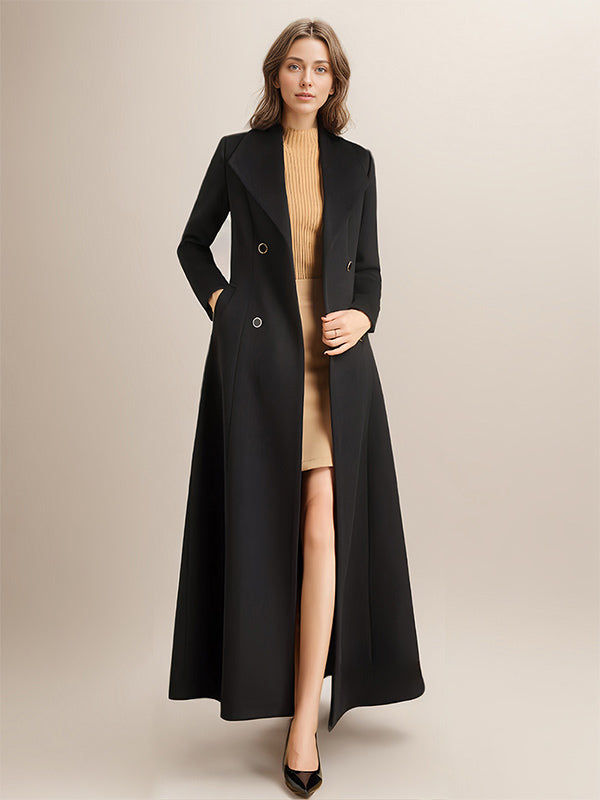 Maxi Woolen Coat For Women Double-breasted Large Lapel Belted A-line Full Length Winter Outerwear 2026