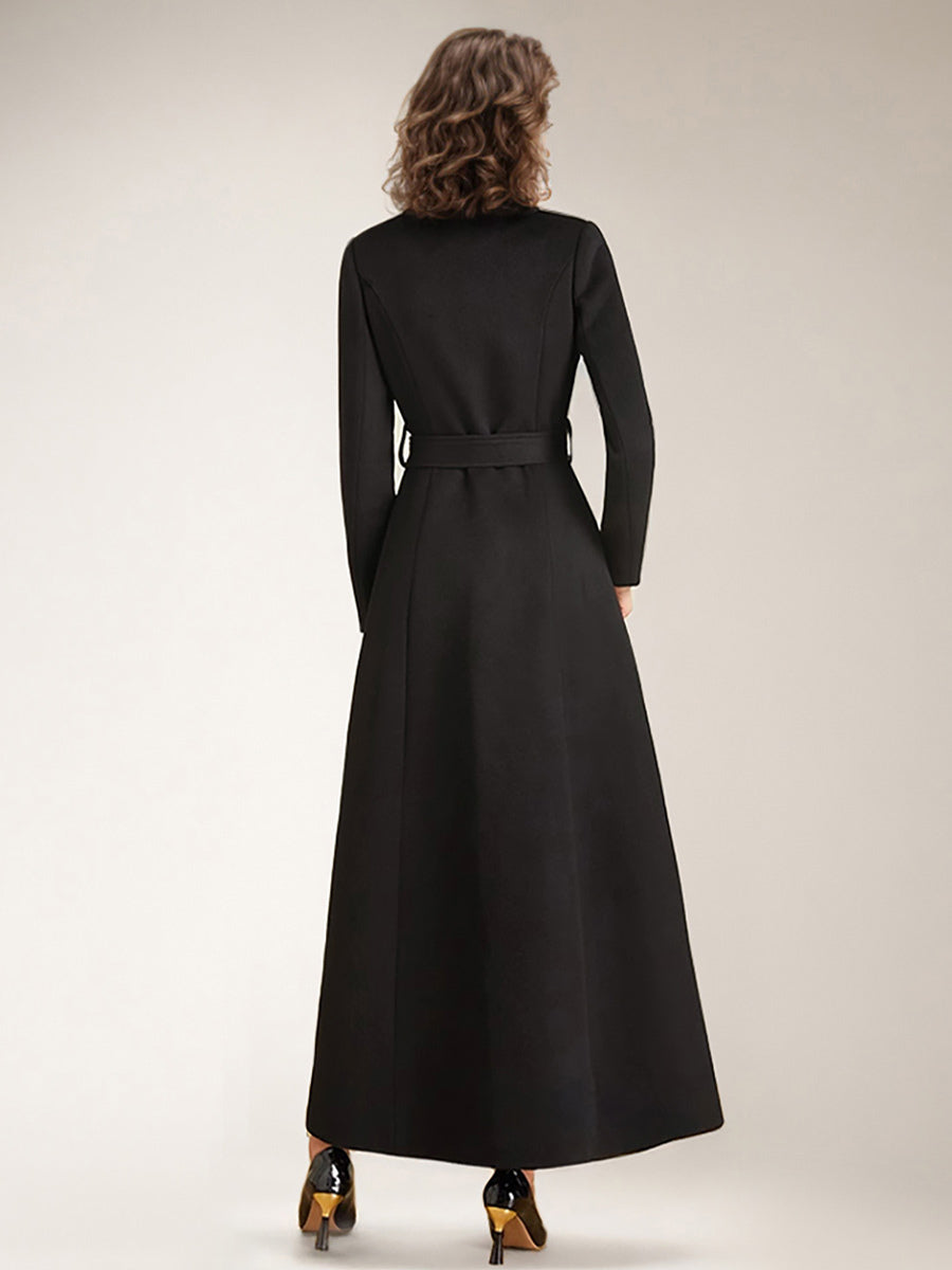 Maxi Woolen Coat For Women Double-breasted Large Lapel Belted A-line Full Length Winter Outerwear 2026