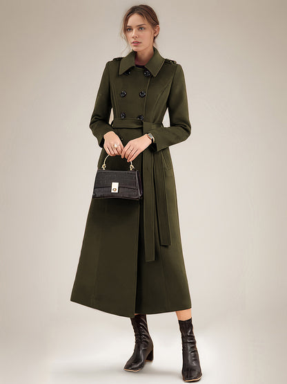 Long Wool Blend Coat For Women Burgundy Double-breasted Belted Turndown Collar Classic Winter Outerwear 2026