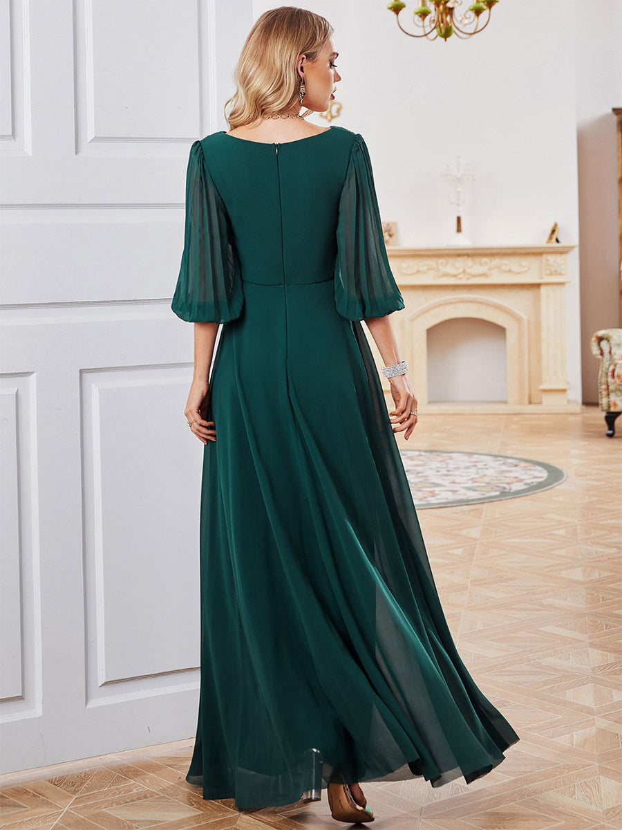 Dark Green Dress Chiffon Half Sleeves Empire Waist Prom Maxi Dresses
