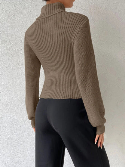 Ribbed Sweater High Collar Cutout Cuff Sexy Pullover For Women