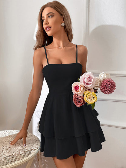 Skater Dresses Spaghetti Straps Layered Flared Mini Dresses In Burgundy