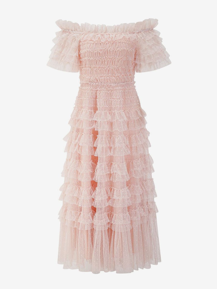 Party Maxi Dresses Embellished Collar Ruffles Polka Dot Sheer Semi Formal Dress