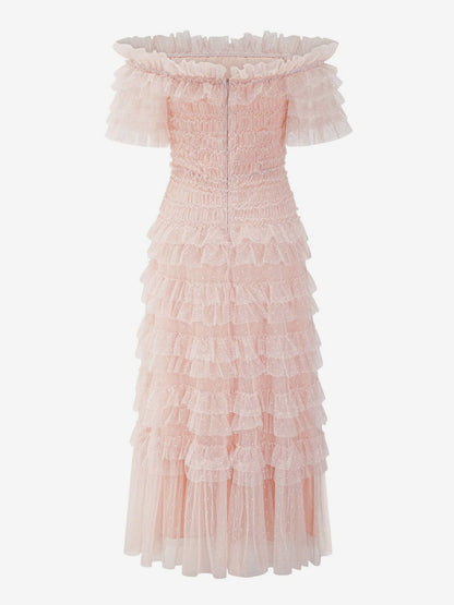 Party Maxi Dresses Embellished Collar Ruffles Polka Dot Sheer Semi Formal Dress