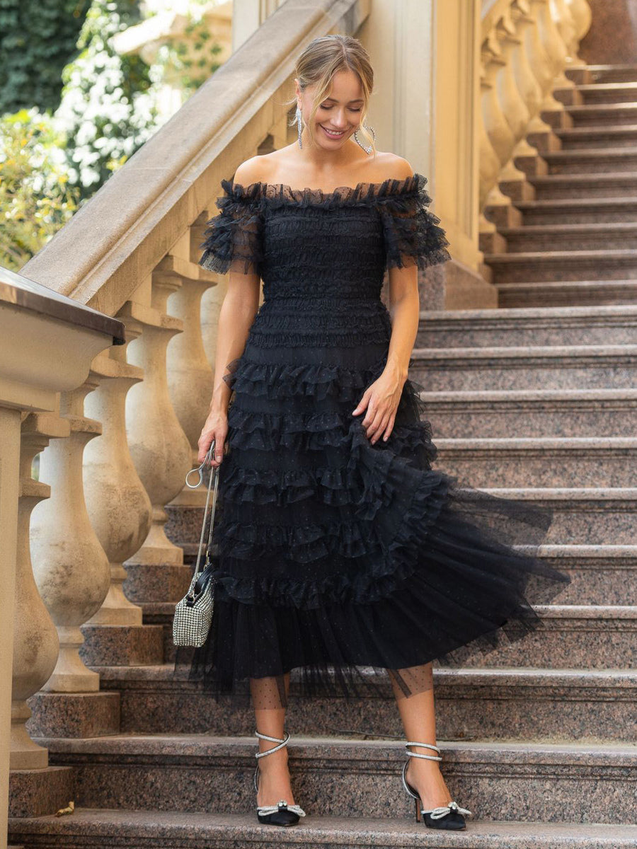 Party Maxi Dresses Embellished Collar Ruffles Polka Dot Sheer Semi Formal Dress