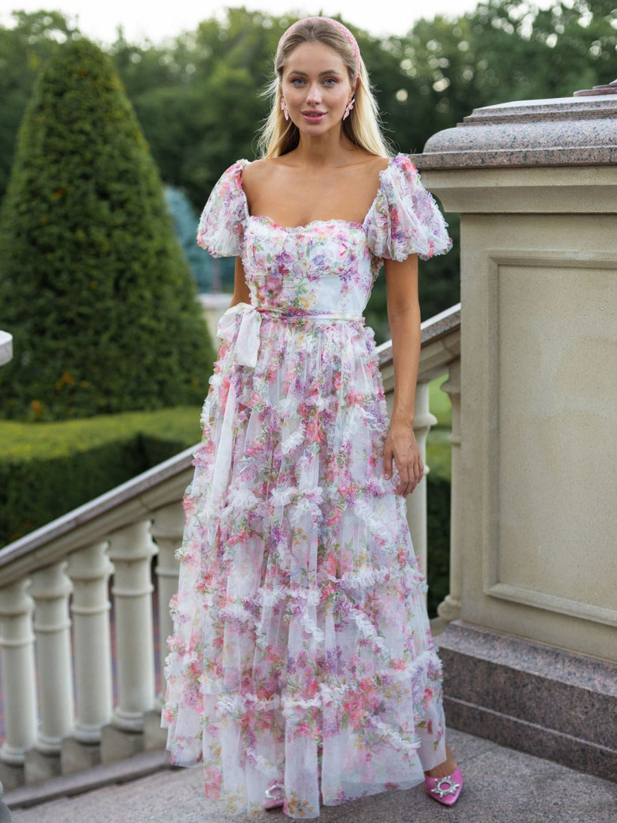 Floral Dress Floral Print Puff Sleeves Belted Sweet Party Prom Maxi Dresses