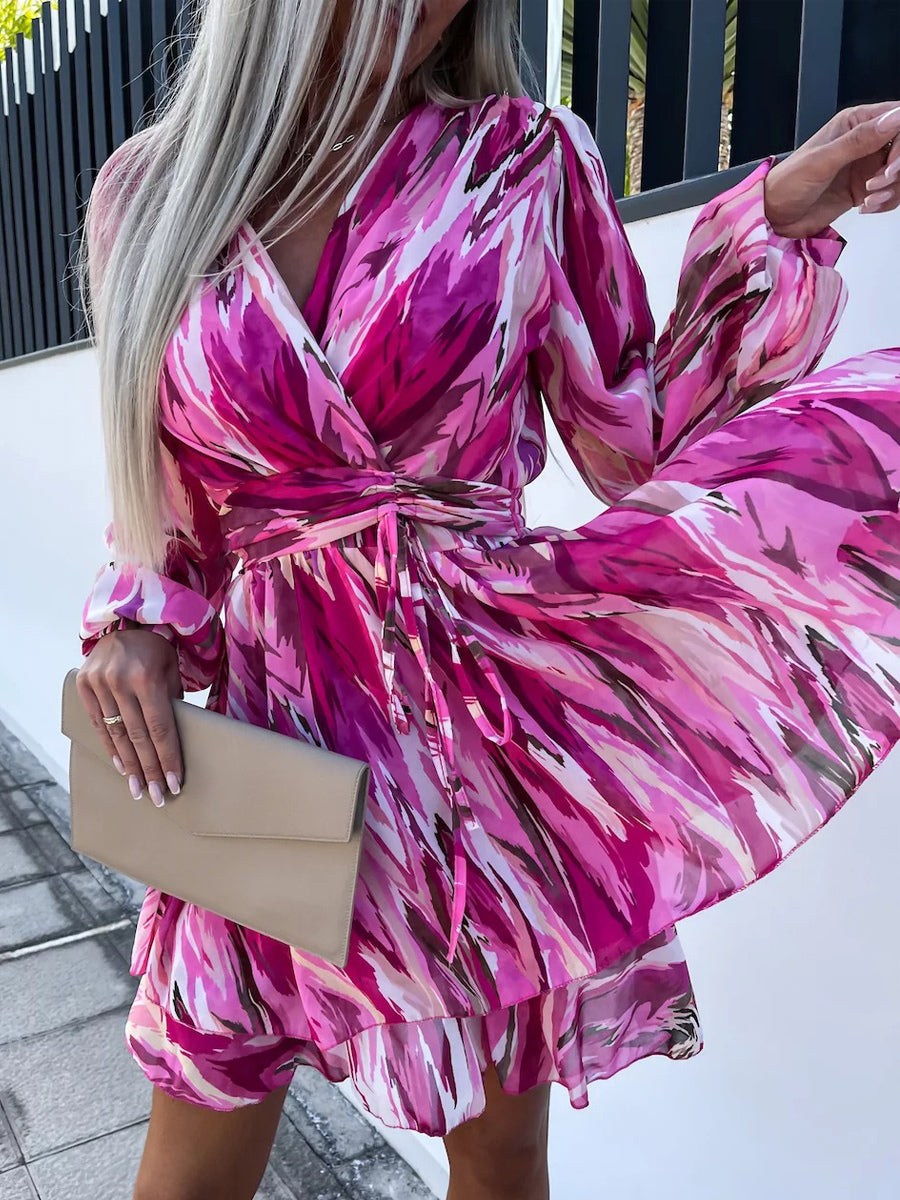 Print Short Dress Surplice Neckline Belted Lantern Sleeves Mini Dresses