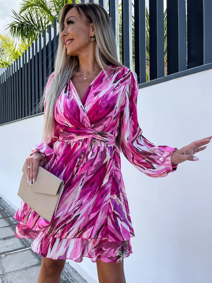 Print Short Dress Surplice Neckline Belted Lantern Sleeves Mini Dresses