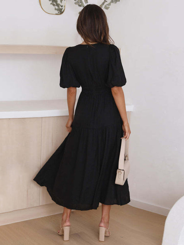 V-Neck Summer Dress Short Sleeves Elastic Waist A-Line Maxi Dresses