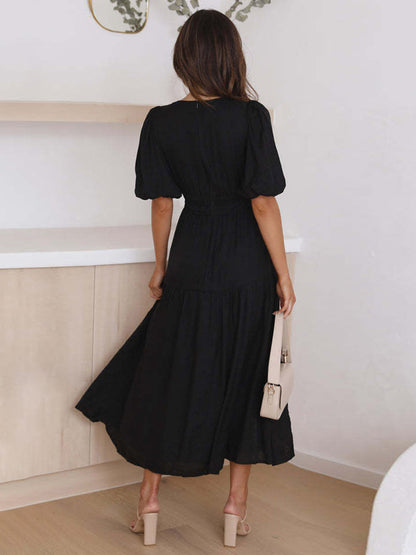 V-Neck Summer Dress Short Sleeves Elastic Waist A-Line Maxi Dresses