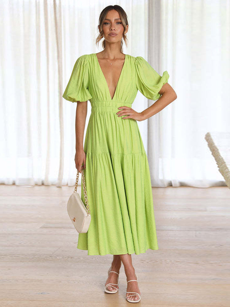 V-Neck Summer Dress Short Sleeves Elastic Waist A-Line Maxi Dresses