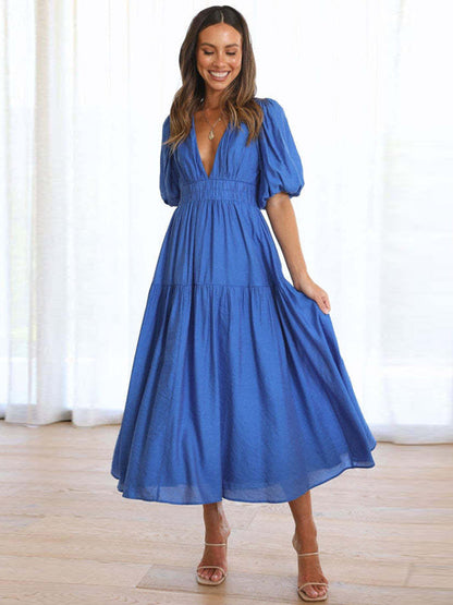 V-Neck Summer Dress Short Sleeves Elastic Waist A-Line Maxi Dresses