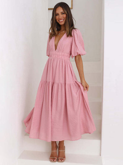 V-Neck Summer Dress Short Sleeves Elastic Waist A-Line Maxi Dresses