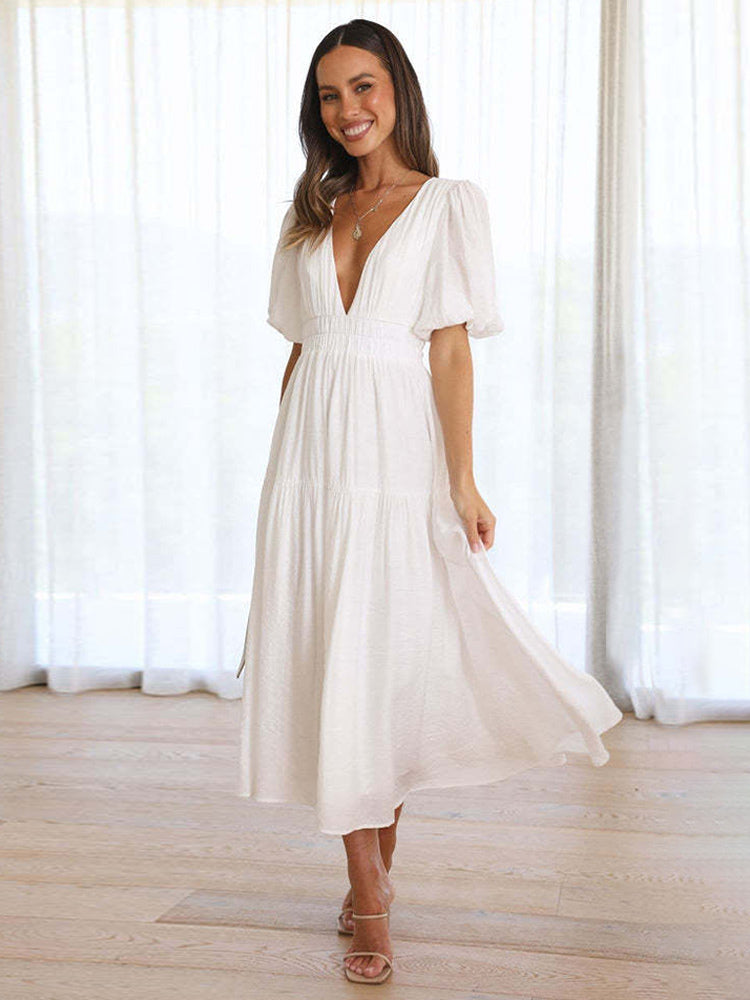 V-Neck Summer Dress Short Sleeves Elastic Waist A-Line Maxi Dresses