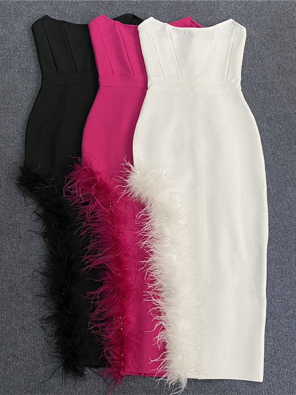 Bodycon Dress Feather Trim Off The Shoulder Asymmetrical Party Club Dresses