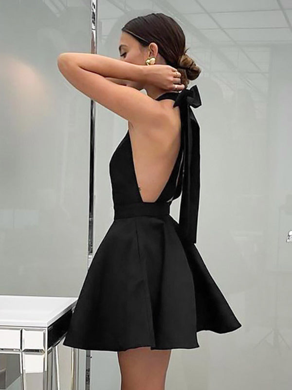 Little Black Dress Halter Bow Tie Backless Sexy Party Short Dresses