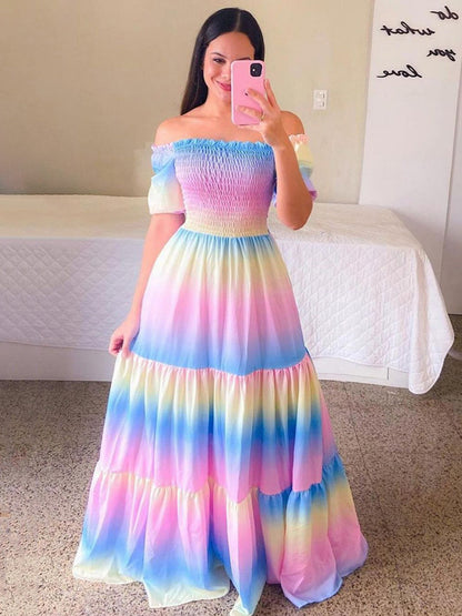 Printed Off Shoulder Smocked Maxi Dress for Women - Short Sleeves Tiered A-Line Sun Dress - Summer Beach Vacation 2026