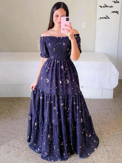 Printed Off Shoulder Smocked Maxi Dress for Women - Short Sleeves Tiered A-Line Sun Dress - Summer Beach Vacation 2026
