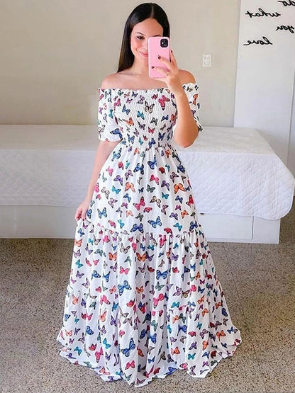 Printed Off Shoulder Smocked Maxi Dress for Women - Short Sleeves Tiered A-Line Sun Dress - Summer Beach Vacation 2026
