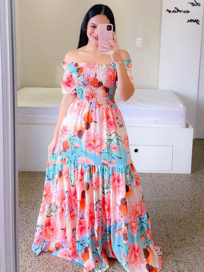 Printed Off Shoulder Smocked Maxi Dress for Women - Short Sleeves Tiered A-Line Sun Dress - Summer Beach Vacation 2026