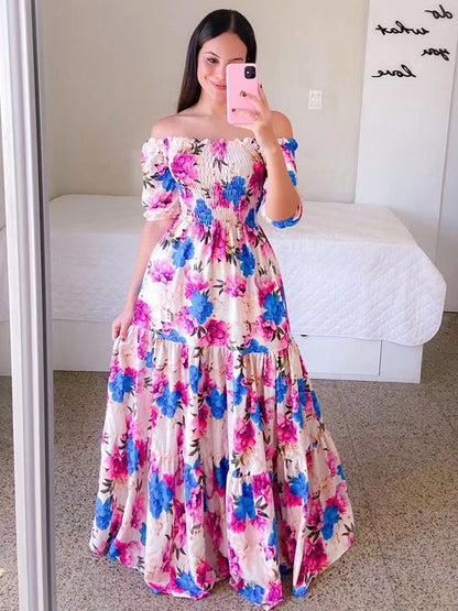Printed Off Shoulder Smocked Maxi Dress for Women - Short Sleeves Tiered A-Line Sun Dress - Summer Beach Vacation 2026