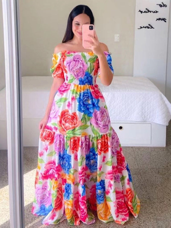 Printed Off Shoulder Smocked Maxi Dress for Women - Short Sleeves Tiered A-Line Sun Dress - Summer Beach Vacation 2026