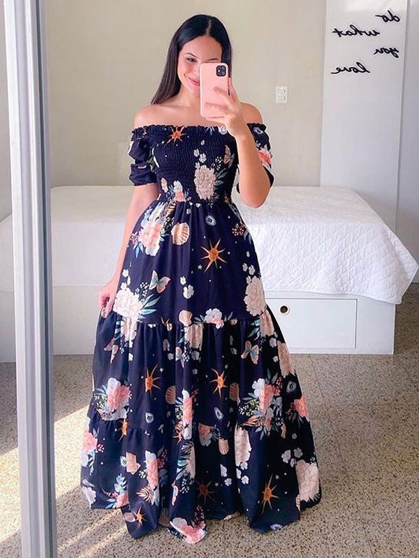 Printed Off Shoulder Smocked Maxi Dress for Women - Short Sleeves Tiered A-Line Sun Dress - Summer Beach Vacation 2026